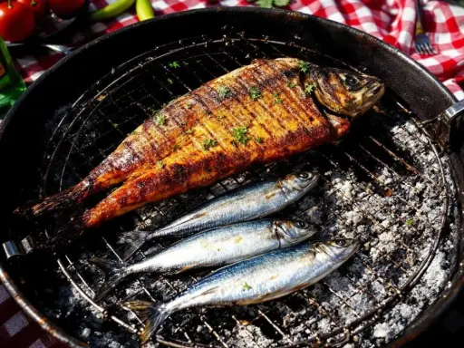 Poisson grillé sur barbecue à gaz. Le temps de cuisson des sardines est court, parfait pour un repas d'été.