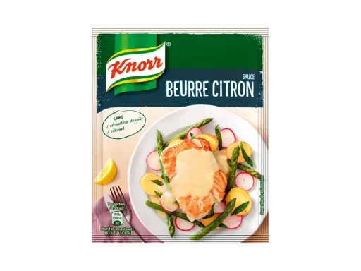 Une assiette de poisson avec des légumes, nappée d'une sauce beurre citron Knorr. Sans exhausteur de goût ni colorant.