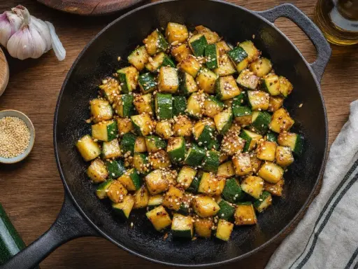 Courgettes sautées, parsemées de sésame, dans une poêle. Une idée pour les meilleures recettes de courgettes.
