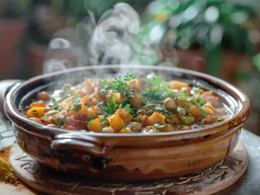 Un délicieux tajine marocain fumant, rempli de légumes colorés et d'épices, prêt à être dégusté.