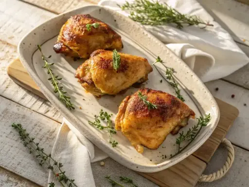 Trois morceaux de poulet au four dorés et juteux, garnis de thym frais sur un plat en céramique.