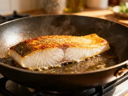 Un filet de morue grillée dore dans une poêle, sa peau croustillante et sa chair nacrée. La vapeur s'échappe, promettant un délice savoureux.