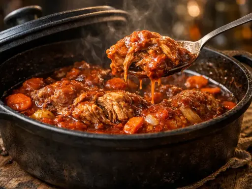 Un osso bucco de dinde mijoté dans une sauce tomate riche, avec des carottes et des oignons. La viande effilochée tombe d'une cuillère, fumante et appétissante.