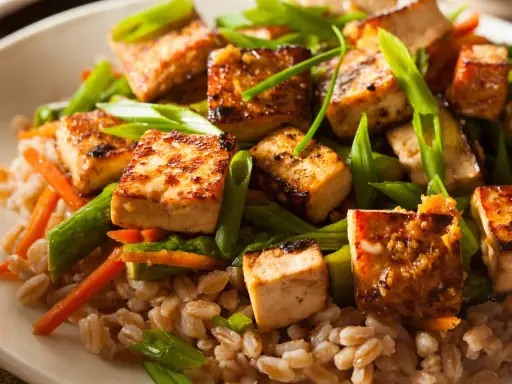 Délicieux tofu grillé avec des légumes croquants et du riz complet. Une recette tofu parfaite pour un repas sain et savoureux.