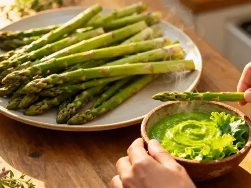 Une main trempe une asperge dans une sauce verte onctueuse, parfaite pour une recette sauce asperges. Des asperges cuites à la vapeur sont sur une assiette à côté.