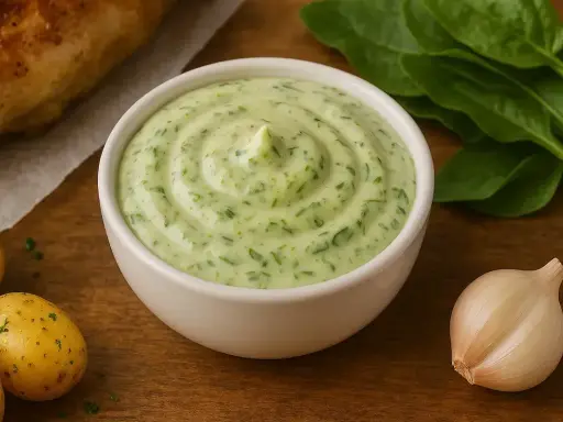 Sauce à l'oseille crémeuse, parsemée d'herbes fraîches, prête à accompagner un plat savoureux.