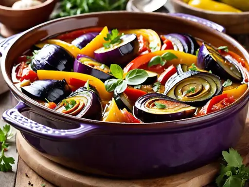 Un plat de ratatouille provençale aux aubergines, poivrons et tomates, garni de persil frais. Un délice coloré prêt à être dégusté.