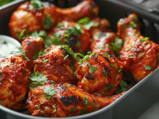 Un plat de poulet tandoori, bien épicé et garni de coriandre fraîche, prêt à être dégusté.
