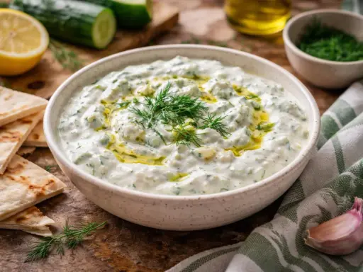 Sauce tzatziki crémeuse, garnie d'aneth frais et d'un filet d'huile d'olive, servie avec du pain pita et des ingrédients frais.