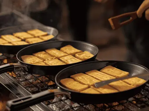 Des tranches de fromage fondent dans des poêles sur un raclette barbecue. Un ustensile en bois retourne délicatement les morceaux dorés.