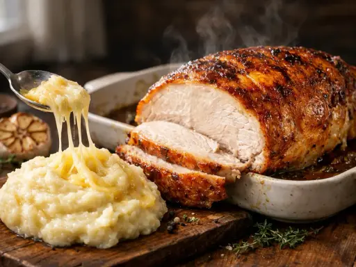 Un savoureux roti de dinde au four, fumant et doré, servi avec une purée de pommes de terre onctueuse et un ail rôti.