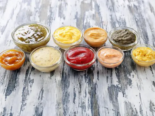Neuf coupelles de sauces variées, dont le ketchup, la moutarde et des sauces vertes et orangées. Ces sauces sont parmi les 10 sauces les plus utilisées.
