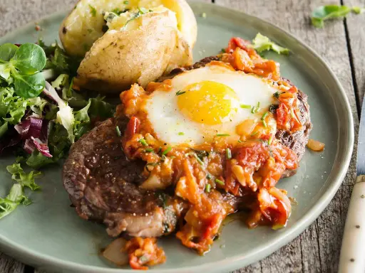 Un délicieux steak a cheval, garni d'un œuf au plat et d'une sauce tomate, servi avec une pomme de terre au four et une salade verte.