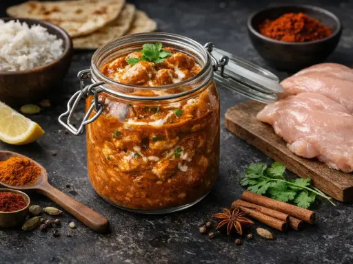Un pot de butter chicken crémeux, garni de coriandre fraîche. À côté, du riz basmati, des naans, du poulet cru, des épices et un quartier de citron.