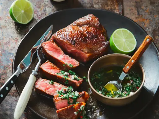 Un steak de bœuf juteux, tranché et garni d'une sauce pour viande de bœuf fraîche et vibrante, accompagné de quartiers de citron vert.