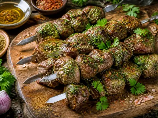 Brochettes de viande grillée, parsemées d'herbes vertes. Parfaites avec quelles sauces pour accompagner des brochettes ? Huile d'olive, épices et ail à proximité.