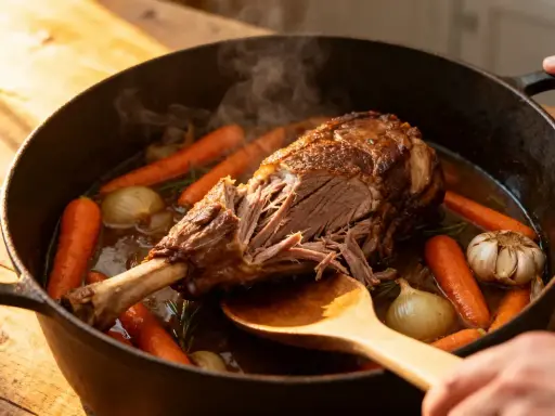 Un tendre agneau de 7 heures mijote dans une cocotte avec carottes, oignons et ail. La viande se détache facilement de l'os, signe d'une cuisson parfaite.