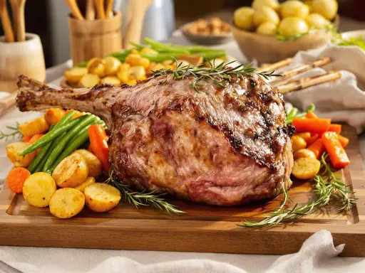 Gigantesque cuisse d'agneau rôtie, servie avec des pommes de terre, des carottes et des haricots verts sur une planche en bois. Un plat de fête savoureux.