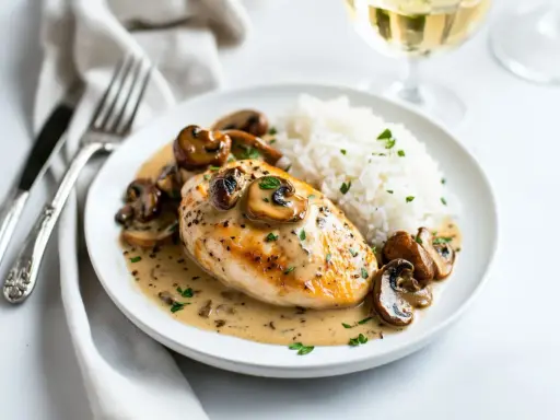 Un délicieux poulet aux morilles à la crème, servi avec du riz blanc et garni de persil frais. Un plat savoureux et réconfortant.