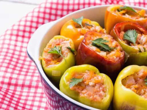 Poivrons colorés farcis de riz et de légumes, garnis de persil frais. Un plat savoureux de légumes farcis.