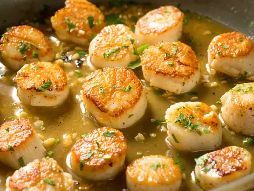 Saint-jacques dorées dans une sauce savoureuse, parfaites pour un temps de cuisson au barbecue rapide et délicieux.