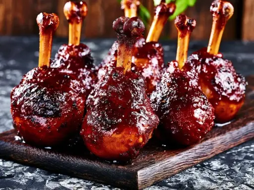 Délicieux chicken lollipops enrobés d'une sauce barbecue brillante, prêts à être dégustés sur une planche en bois rustique.