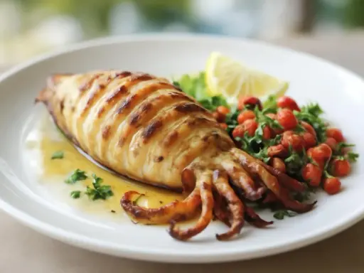 Un encornet grillé, parfaitement marqué, baigne dans une sauce dorée, accompagné d'une salade de tomates cerises et d'une tranche de citron.