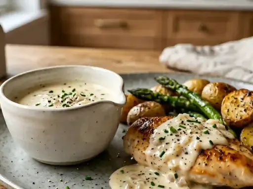Un plat de poulet rôti avec des pommes de terre, des asperges et une sauce échalote crémeuse, garnie de ciboulette fraîche.