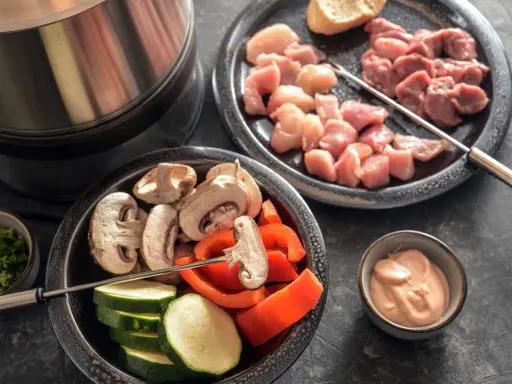 Préparation d'une fondue bourguignonne 3 viandes : cubes de poulet et bœuf crus, champignons, courgettes, poivrons et sauce.
