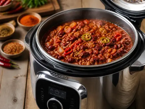 Un délicieux chili con carne mijote dans le Cookeo, prêt à régaler.