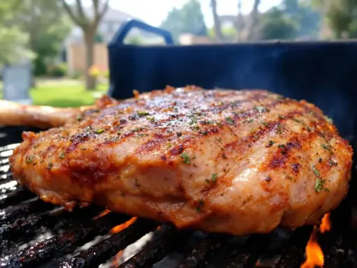 Gigot d'agneau au barbecue, grillé à la perfection, avec des herbes aromatiques et des marques de grill. La viande est juteuse et dorée, prête à être dégustée.