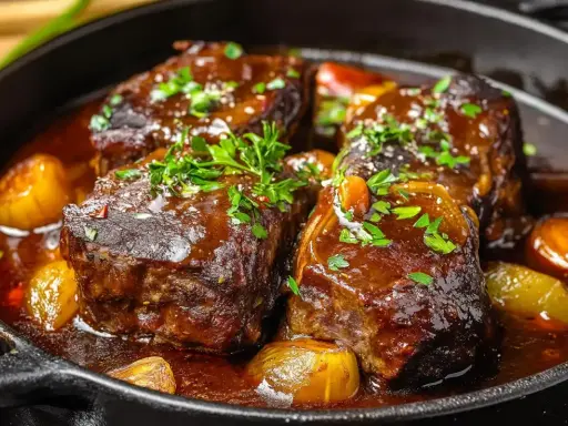 Quatre morceaux de joue de bœuf braisée, nappés d'une sauce riche et garnie de persil frais, mijotent dans une poêle en fonte avec des oignons caramélisés.
