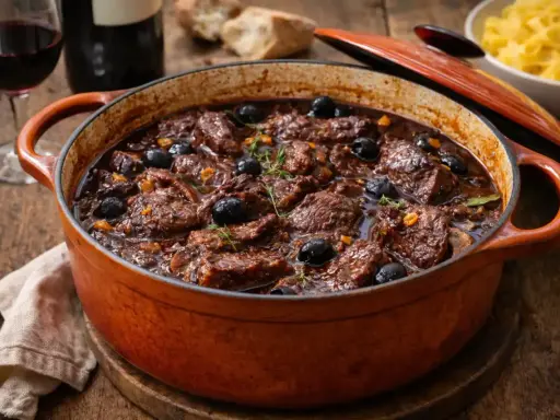 Un plat mijoté de daube de boeuf, garni d'olives noires et de thym, dans une cocotte en fonte orange.