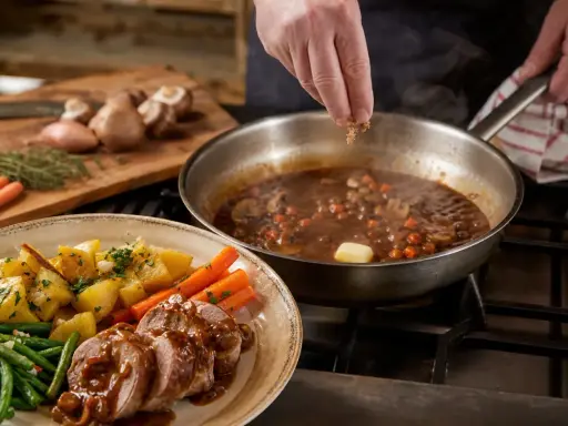 Un chef ajoute des herbes à une sauce madère fumante dans une poêle, à côté d'une assiette de rôti, de pommes de terre et de haricots verts.