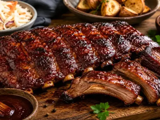 Un plat appétissant de travers de porc glacés, servi avec une salade de chou et des pommes de terre rôties.