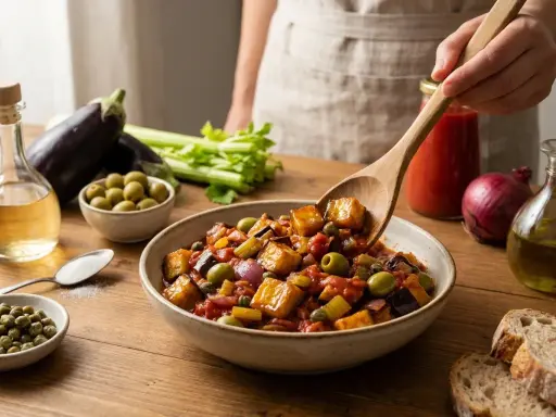 Un plat coloré de caponata, une recette sicilienne savoureuse avec aubergines, olives et tomates.