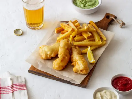 Un plat de fish and chips croustillant, servi avec des frites dorées, un quartier de citron, et des sauces. Une bière blonde complète ce repas.