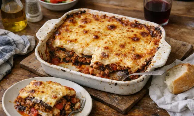 Un plat de moussaka gratinée, prêt à être dégusté. Une invitation à préparer cette recette savoureuse.