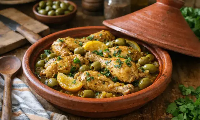 Un savoureux tajine poulet aux olives et citrons confits, garni de persil frais, prêt à être dégusté.