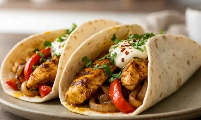 Trois fajitas poulet garnies de poulet grillé, poivrons, oignons, crème fraîche et coriandre. Un délice !