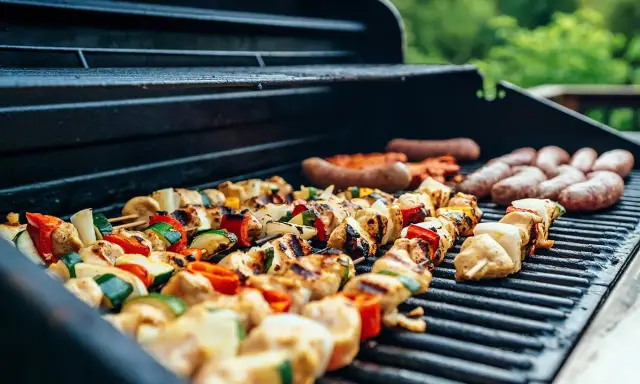 Brochettes de poulet et légumes, saucisses en cuisson barbecue gaz. L'été arrive, les grillades sont prêtes !