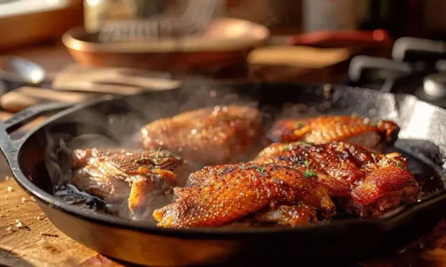 Cuisses de canard confites dorées et croustillantes mijotent dans une poêle en fonte, dégageant une vapeur appétissante.