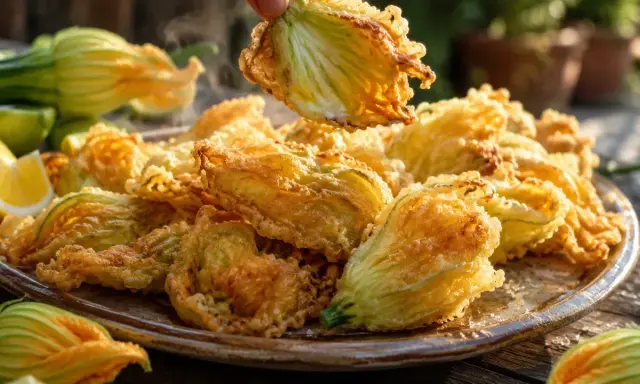 Une assiette de beignets de fleurs de courgettes dorés et croustillants, servis avec des quartiers de citron.