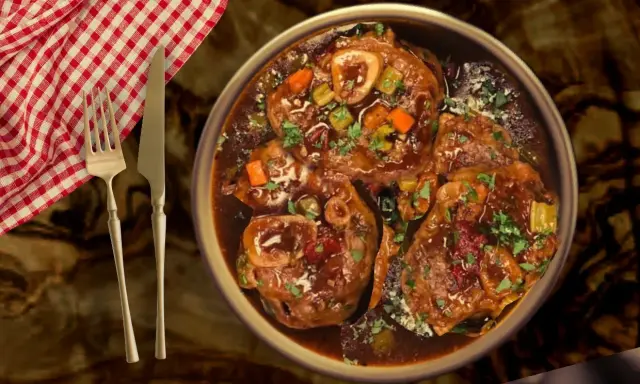 Un plat d'osso bucco mijoté, garni de persil frais, servi avec une serviette à carreaux rouges et blancs et des couverts.