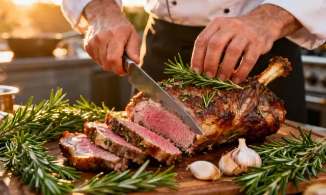 Un chef découpe un gigot d'agneau rôti, garni de romarin et d'ail. Une belle illustration pour une recette gigot agneau.