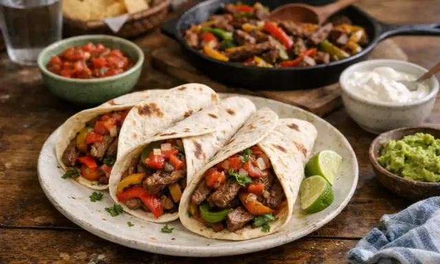 Trois fajitas boeuf garnies de poivrons, tomates et oignons, accompagnées de guacamole, salsa et crème fraîche. Une recette savoureuse !