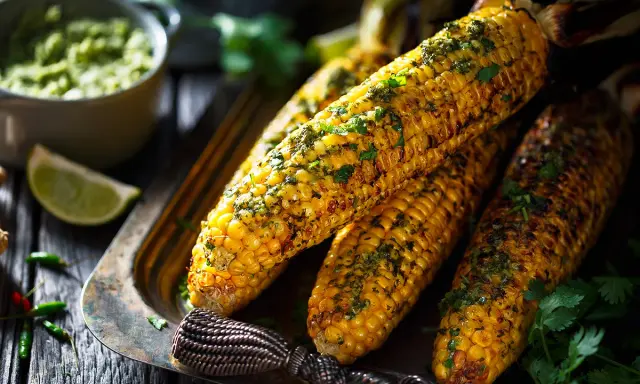 Épis de maïs grillés, parsemés d'herbes fraîches, servis sur un plateau avec une sauce verte et des quartiers de citron vert. Un délice parfait pour un repas mais au barbecue.
