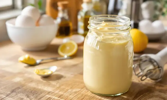 Un pot de mayonnaise maison crémeuse, avec des œufs, du citron et de l'huile sur une table en bois.