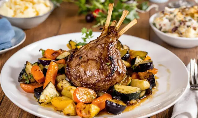 Un gigot d'agneau rôti, prêt pour un accompagnement gigot d'agneau pour Noël, servi avec des légumes de saison grillés.