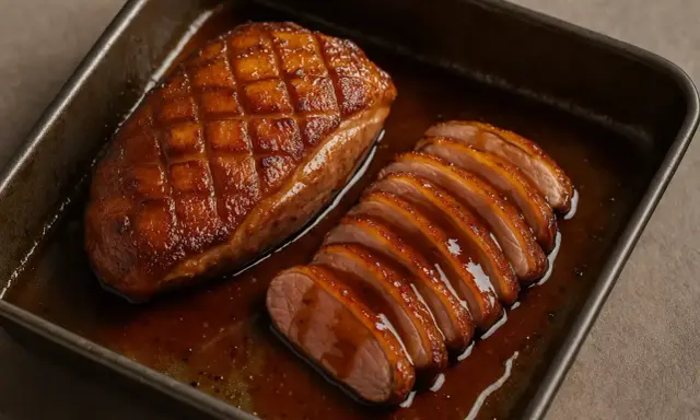 Un magret de canard au four, entier et tranché, baignant dans sa sauce caramélisée. Un délice croustillant et fondant.